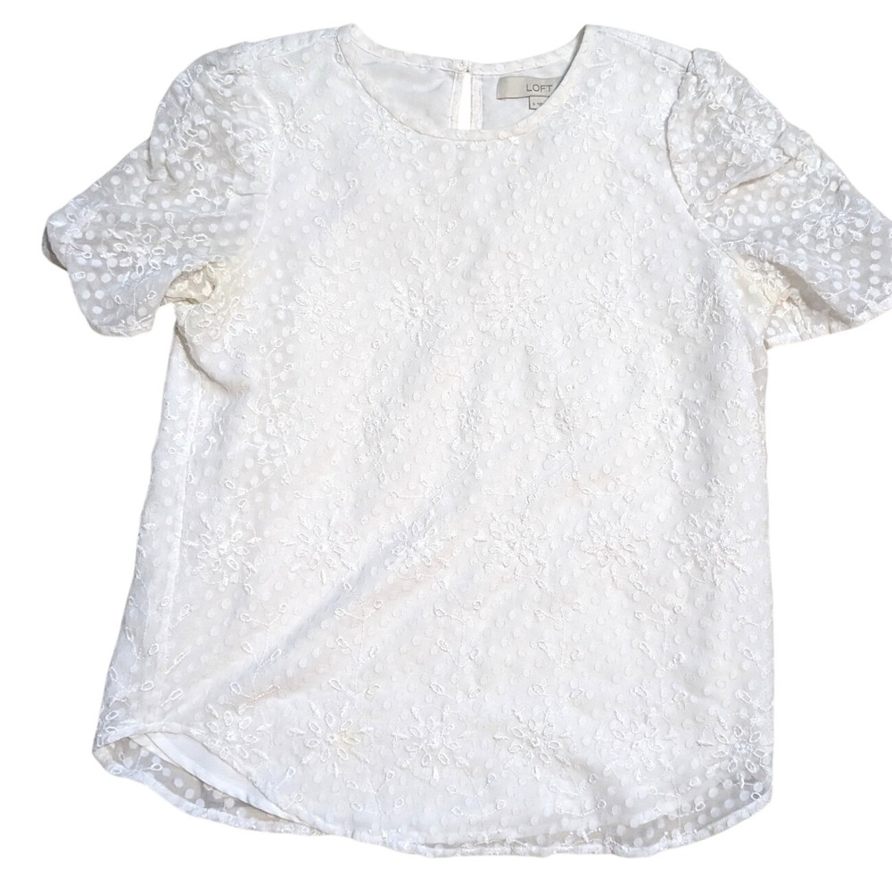 LOFT White Swiss Dot Floral Embroidered Puff Sleeve Blouse Top 522860 Womens S